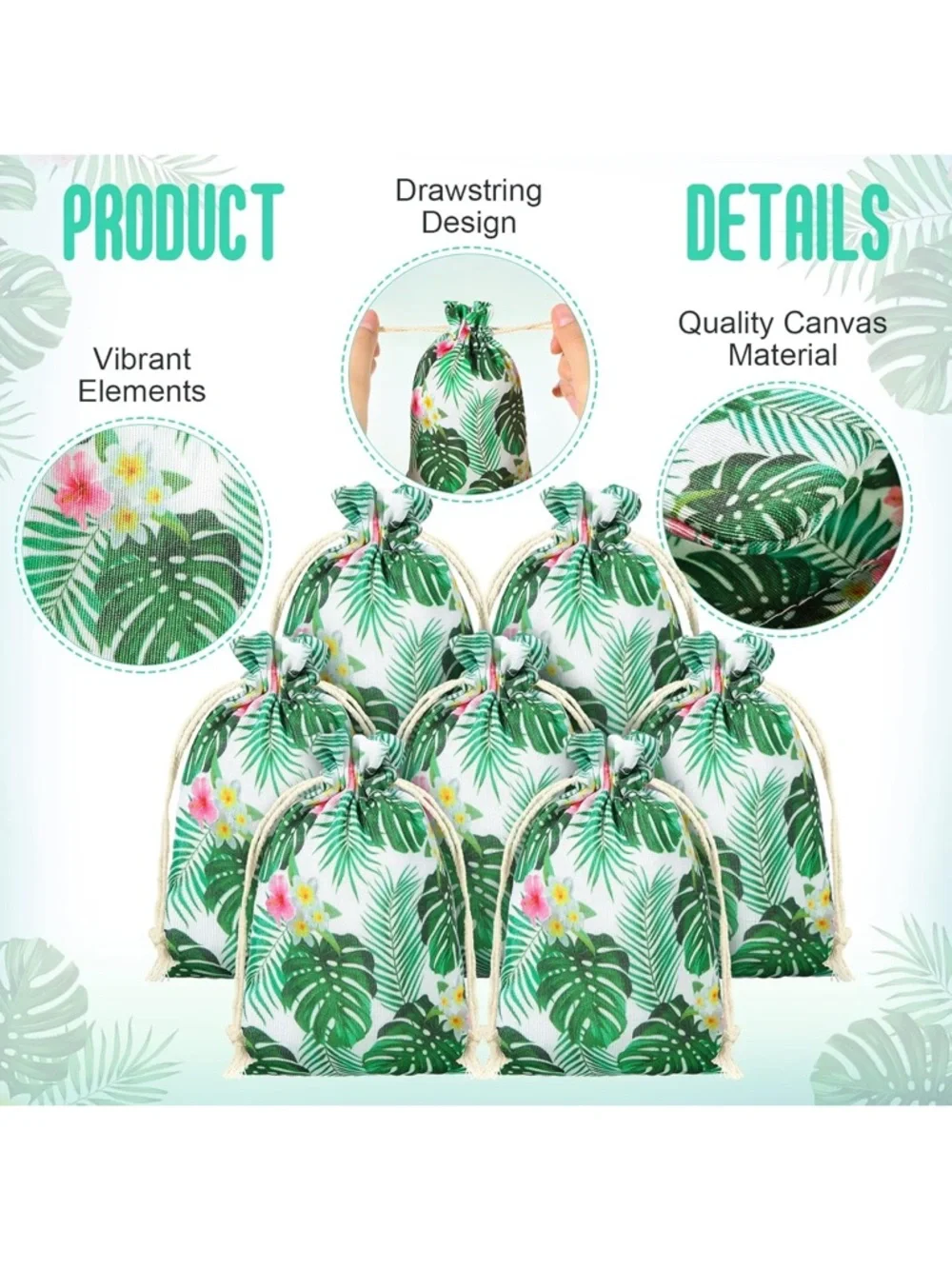Tropical Leaf Drawstring Favor Bags - Green Floral Party Pouches 20 pieces new